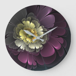 Abstract Modern Purpur Khaki Gray Fractal Flower Große Wanduhr