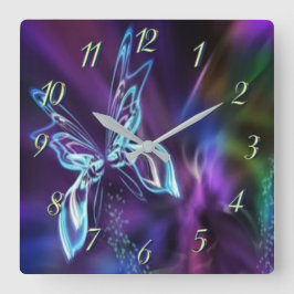 Abstract Neon Blue Purple Butterfly Fractal Art Quadratische Wanduhr