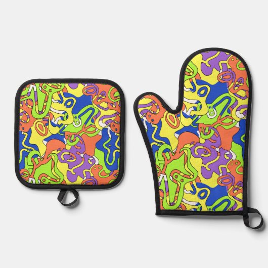 Abstract Neon Doodle Maze Pattern Ofenhandschuh & Topflappen-Set (Vorderseite)