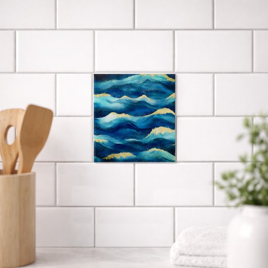 Abstract Ocean Waves Blue and Gold Watercolor Fliese