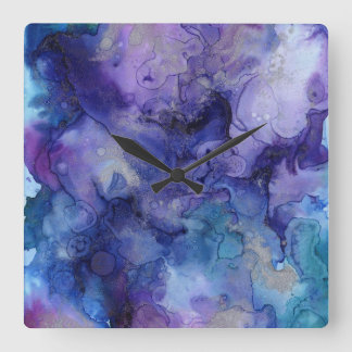abstract paint purple colors blue grey quadratische wanduhr