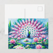 Abstract Peacock by the Pond with Water Lilies Postkarte (Vorne/Hinten)