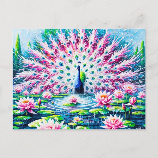 Abstract Peacock by the Pond with Water Lilies Postkarte (Vorderseite)