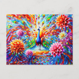 Abstract Peacock with Colorful Dahlias Autumn Postkarte