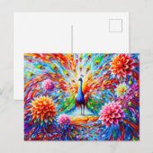 Abstract Peacock with Colorful Dahlias Autumn Postkarte (Vorne/Hinten)