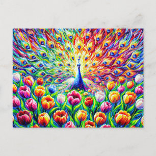 Abstract Peacock with Colorful Tulips in Paint Postkarte