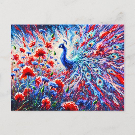 Abstract Peacock with Poppies and Cornflowers Postkarte (Vorderseite)