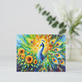 Abstract Peacock with Sunflowers in Painting Postkarte (Stehend Vorderseite)