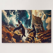 Abstract Penguins Diving - Surreal Cliff Dive Puzzle (Horizontal)