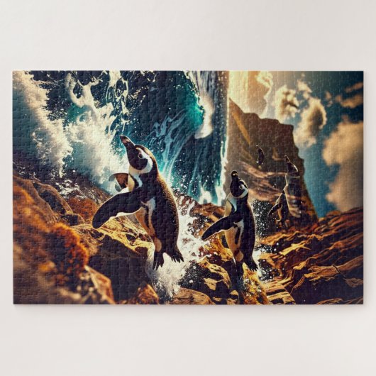 Abstract Penguins Diving - Surreal Cliff Dive Puzzle (Horizontal)