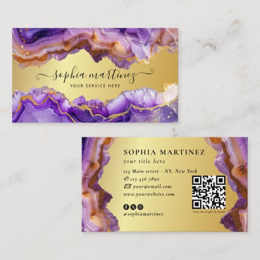 Abstract Purple Agate gold glitter marble QR Code Visitenkarte (Vorne/Hinten)