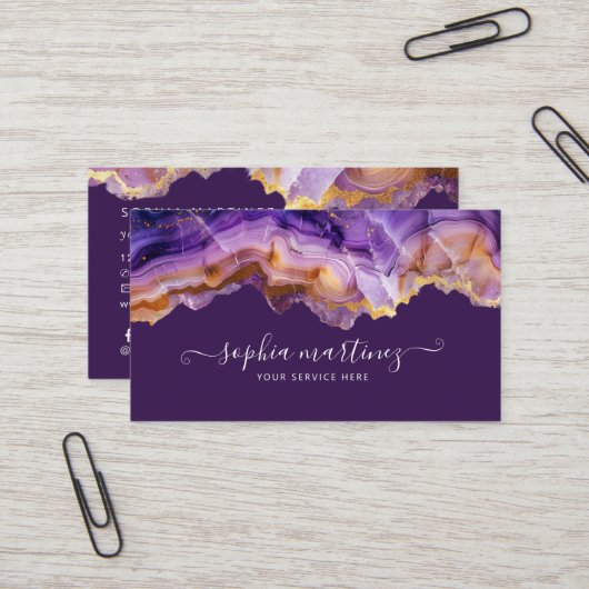 Abstract Purple Agate gold glitter marble QR Code Visitenkarte (Vorderseite/Rückseite Beispiel)