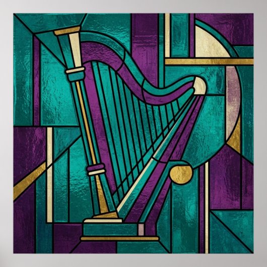 Abstract Stained Glass Harp Poster Teal and Purple (Vorne)