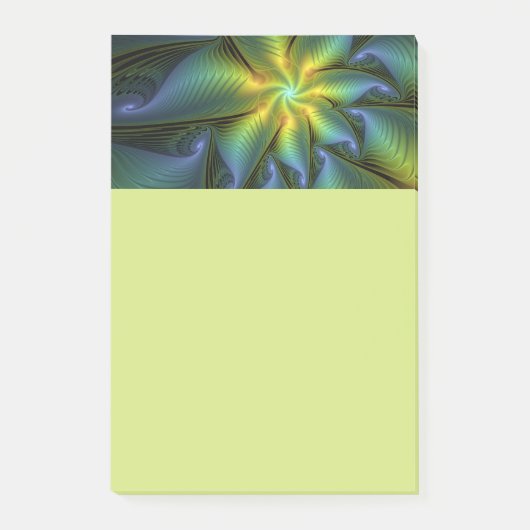 Abstract Star, Shiny Blue Green Golden Fractal Art Post-it Klebezettel (Vorderseite)