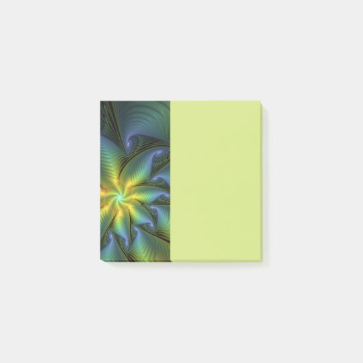 Abstract Star, Shiny Blue Green Golden Fractal Art Post-it Klebezettel (Vorderseite)