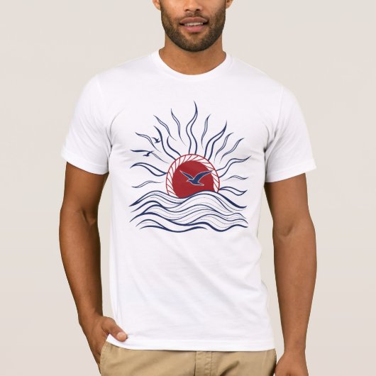 Abstract Sunset Illustration with Birds and Waves T-Shirt (Vorderseite)
