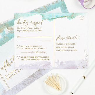 Abstract Turquoise Lavender Gold Modern Art RSVP Postkarte