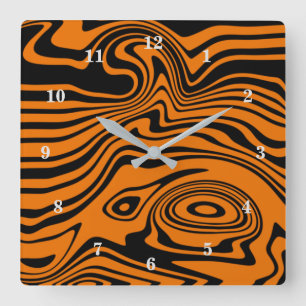 Abstract Warped Black & Orange Lines -Customizable Quadratische Wanduhr