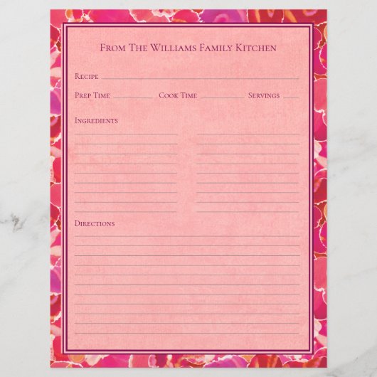 Abstract Watercolor Red Pink Recipe Paper Sheet (Vorderseite)