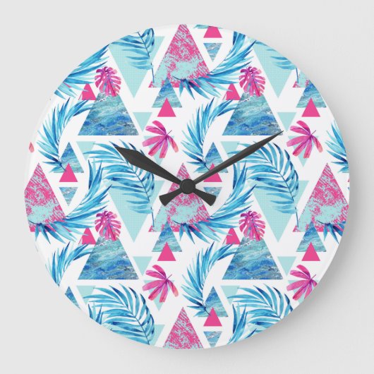 Abstract Watercolor Tropical Leaf Pattern Große Wanduhr (Vorderseite)