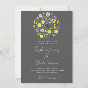 Abstract Yellow and Blue Bouquet Gray Wedding Einladung