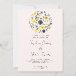 Abstract Yellow and Blue Bouquet Pale Pink Wedding Einladung