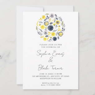 Abstract Yellow and Blue Bouquet White Wedding Einladung