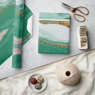 Abstrakt Agate Green und Gold Marble Swirl Geschenkpapier