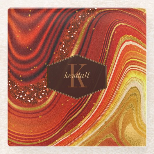 Abstrakt Agate Monogram Hot Orange ID827 Glasuntersetzer (Vorderseite)