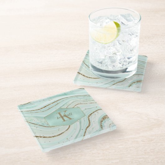 Abstrakt Agate Monogram Mint ID827 Glasuntersetzer (Schrägansicht)