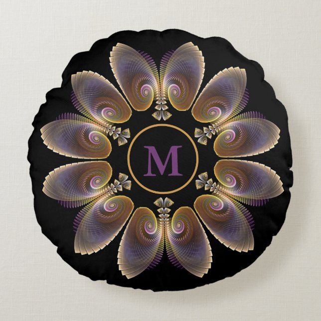 Abstrakt Angel Wings Mandala Fraktal Monogram Rundes Kissen (Vorderseite)