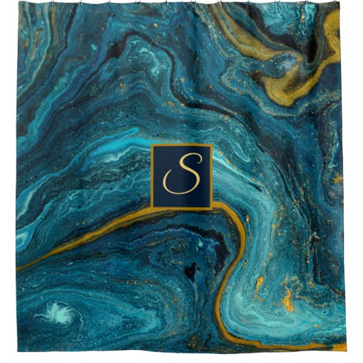 Abstrakt Art Blue Green Gold Dust Monogram Marmor Duschvorhang (Vorderseite)