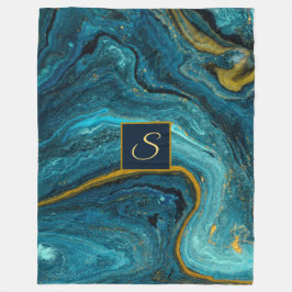 Abstrakt Art Blue Green Gold Dust Monogram Marmor Fleecedecke