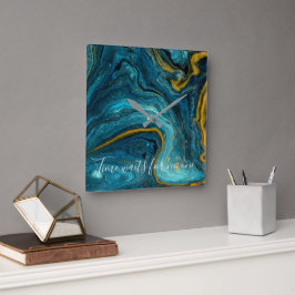 Abstrakt Art Blue Green Gold Marmor Quadratische Wanduhr