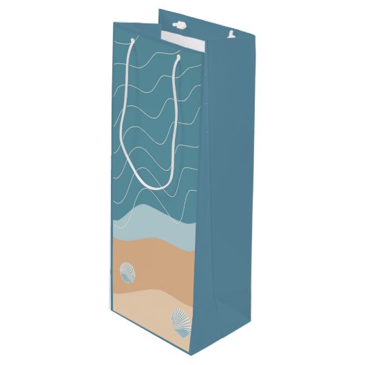 Abstrakt Beach Pattern Wave Lines Blue Sand Musche Geschenktüte Für Weinflaschen (Vorderseite Schrägansicht)