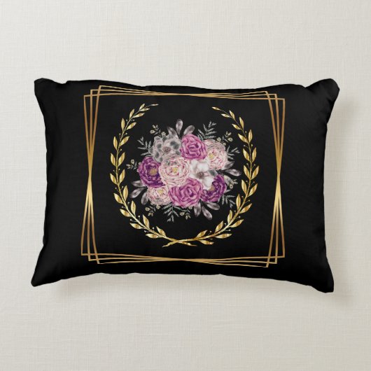 Abstrakt Black Gold Lila Blütenlaurel Wreath Dekokissen (Rückseite)