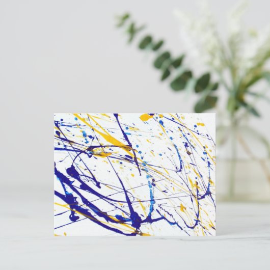 Abstrakt-blau-gelb-lackierter Spritzer Postkarte (Stehend Vorderseite)
