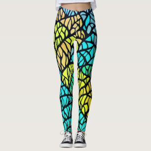 Abstrakt Blau Gelb Schwarze Linien Buntglas Leggings