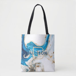 Abstrakt-Blaue-Goldmarmor-Monogramm Tasche