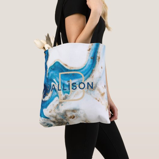 Abstrakt-Blaue-Goldmarmor-Monogramm Tasche (Von Nahem)