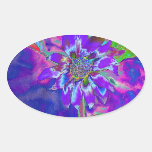 Abstrakt-blaue lila Sonnenblume | Retrofunky Ovaler Aufkleber (Vorderseite)