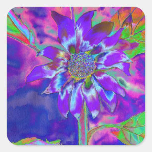 Abstrakt-blaue lila Sonnenblume   Retrofunky Quadratischer Aufkleber
