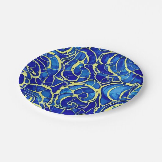 Abstrakt-blaues Mosiakmuster Pappteller (Schrägansicht)