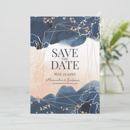 Abstrakt Blue Blush Gold Wasserfarbe Luxus Save The Date (Stehend Vorderseite)