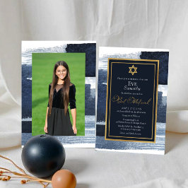 Abstrakt Blue Gilded Foto Bat Mitzvah Einladung