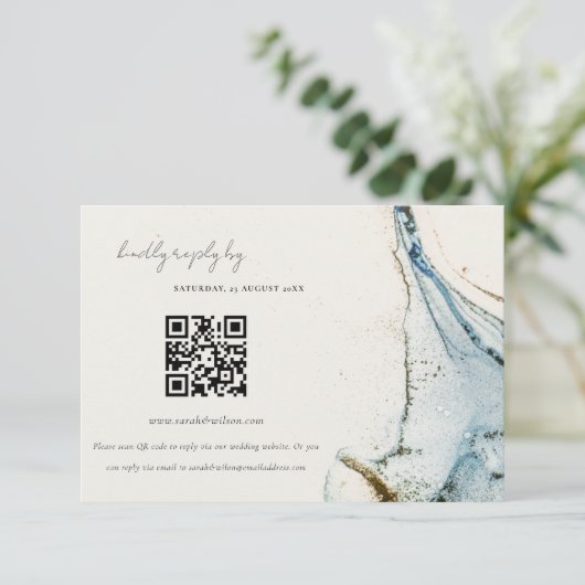 Abstrakt Blue Gold Beachy Wedding QR Code UAWG Begleitkarte (Stehend Vorderseite)