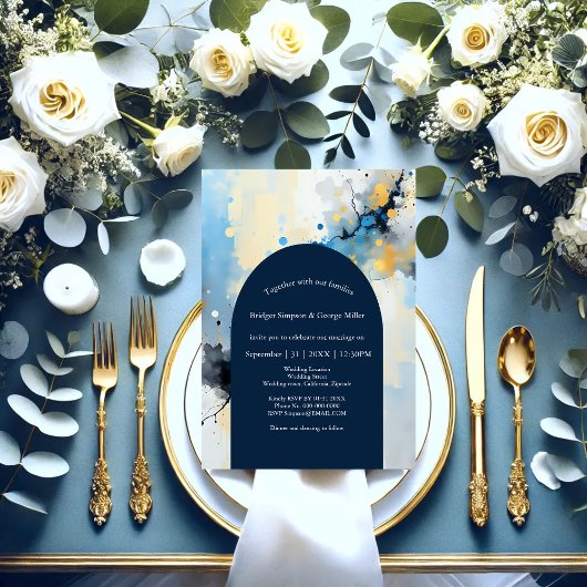 Abstrakt Blue & Gold Ink Spritzer Hochzeit Einladung