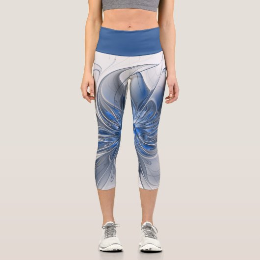 Abstrakt Blue Gray Fraktal Art Blume Capri Leggings (Vorderseite)