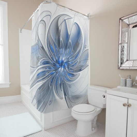 Abstrakt Blue Gray Fraktal Art Blume Duschvorhang (Beispiel)