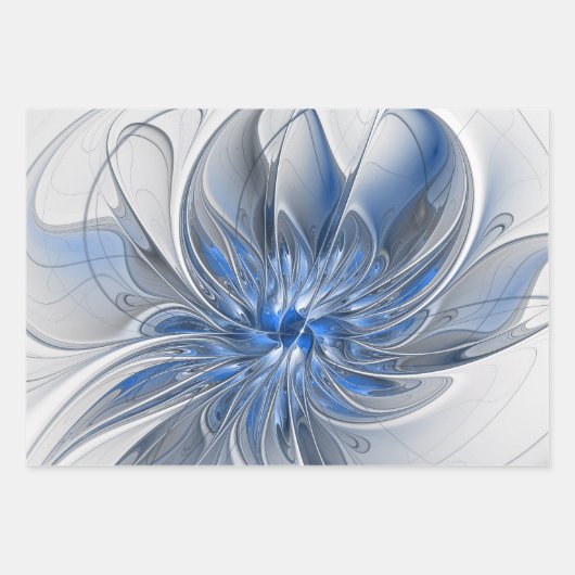 Abstrakt Blue Gray Fraktal Art Blume Geschenkpapier Set (Vorderseite)